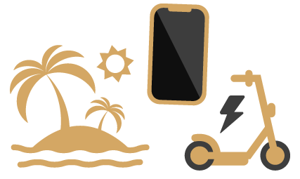 moře, palmy a pláž, elektrokoloběžka a mobilní telefon